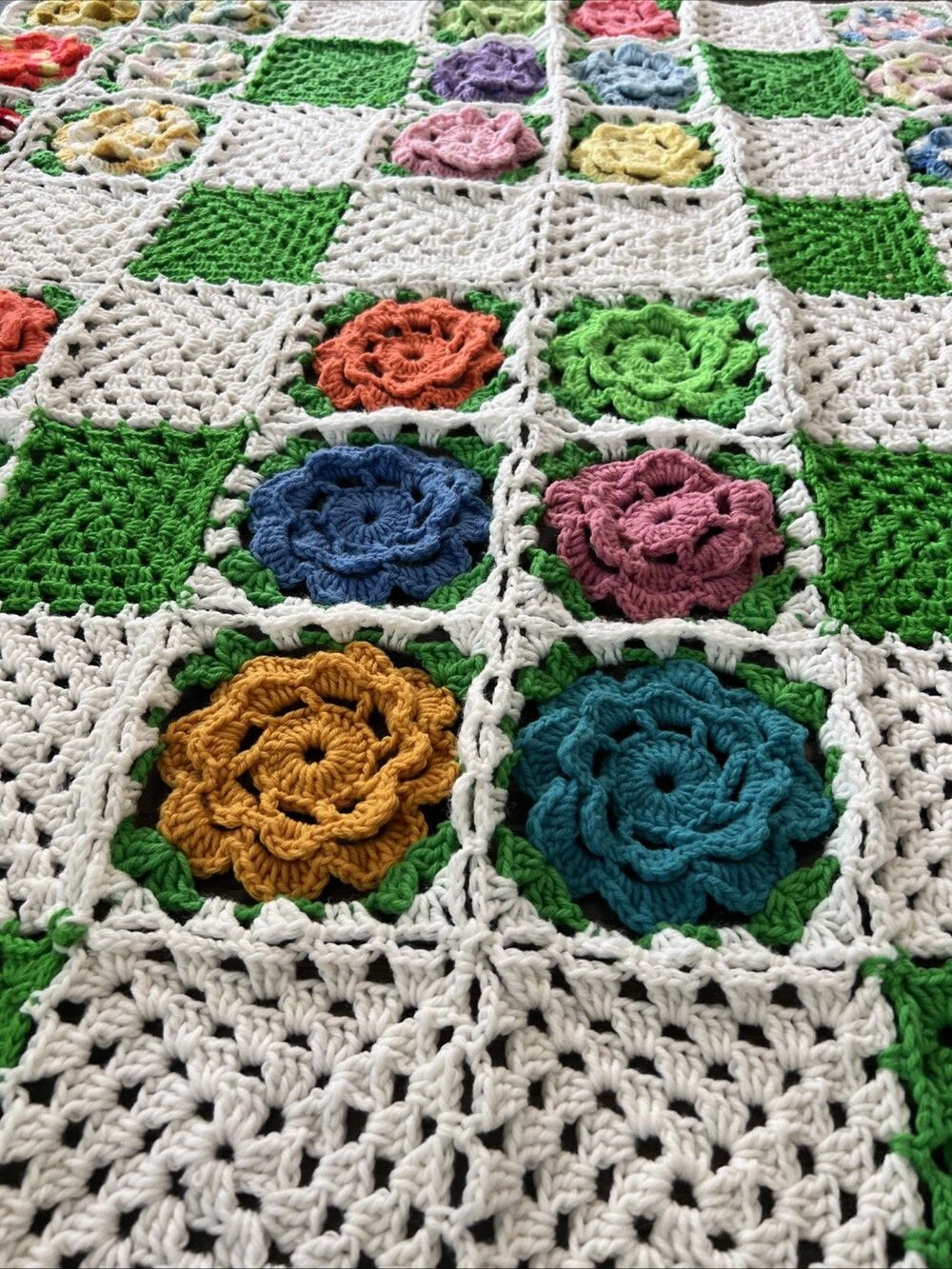 Handcrafted Colorful Granny Square Crochet Afghan Grandma Flower Roseanne Chic - Picture 5 of 5